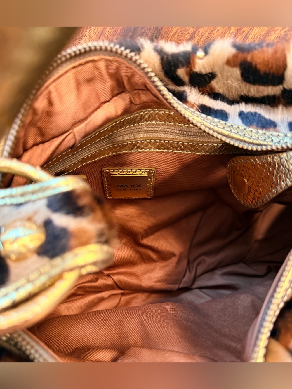 Maxx New York Genuine Calfhair Leopard Print HoboBag Gold Leather Handle NWT Y2K - Picture 8 of 17